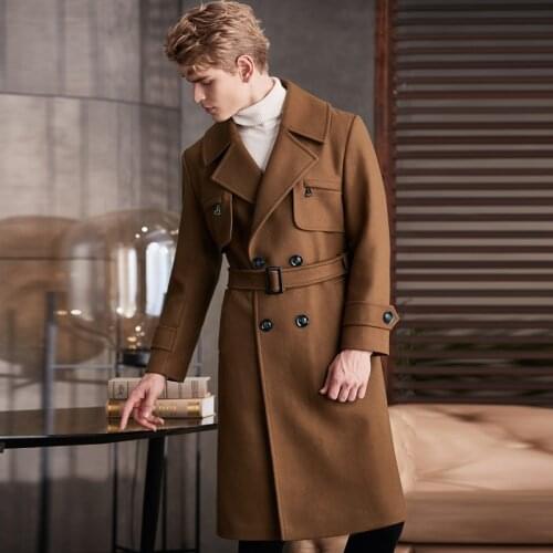 European Over-the-knee Woolen Coat Mens 2020 Autumn/Winter High Quality Extra Long Wool Coat for Man Zip Pocket Overcoat