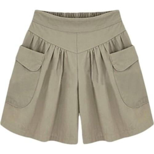 Summer High Waist Shorts Women Hot Plus Size Solid Color Elastic Waist Pocket Casual Loose Women Shorts