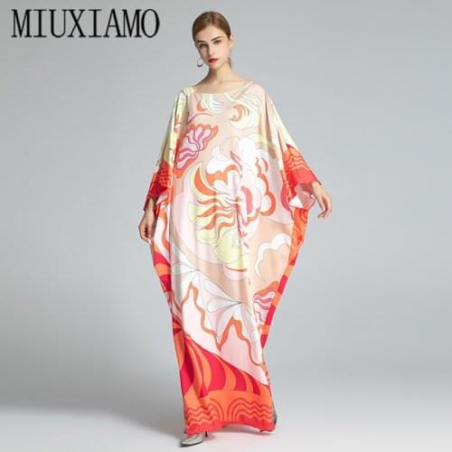 MIUXIMAO 2021 Bohemian Plus Size Dress O-neck Batwing Sleeve Maxi Dress Women Elastic Silk Floor Length New Fashion Kaftan Dress