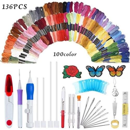 Color Random 136 Pcs/set Embroidery DIY Kit Embroidery Sticker Cotton Thread Thread Remover Needles Scissors Set