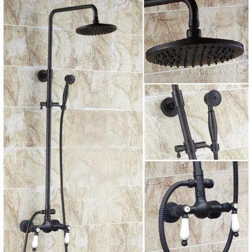 Black Oil Rubbed Bronze Bathroom Rainfall Shower Faucet 8" Round Shower Head Set Mixer Tap Two ceramic Handle ars473