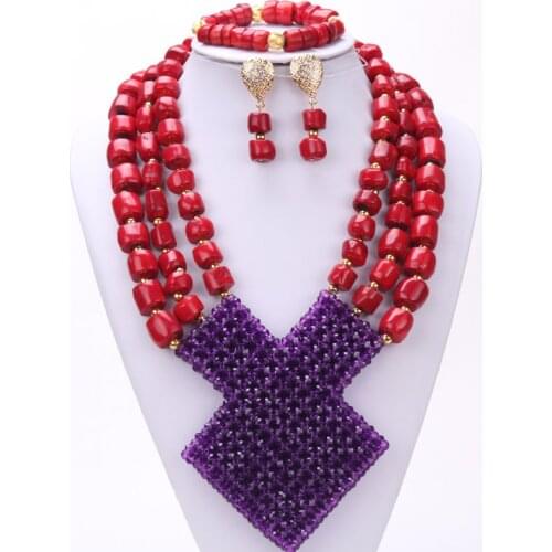Newest Dudo African Dubai jewelry Red Nature Coral Beads Jewelry Purple Crystal Beaded Design Jewellery Set
