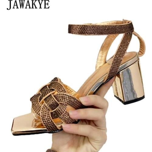 New braid Woven Leather Women Sandals Square Toe Chunky Heel Gladiator Sandals Brand Champagne Crystal Runway Shoes Woman