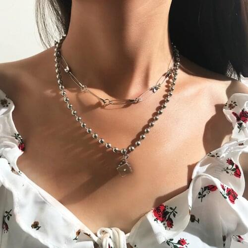 New Fashion Silver Color Bead Chain Choker Necklace for Women Exaggeration Punk Pin Square Pendant Statement Necklace jewelry