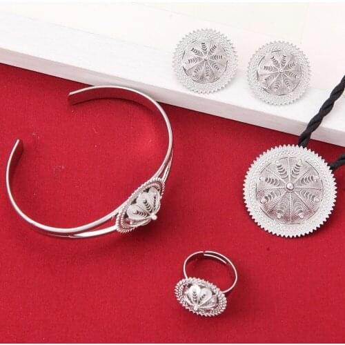 Silver Plated Amharic Necklace Pendant Earring Ring Bangle Set Coptic African Gift Eritrea Habesha Women