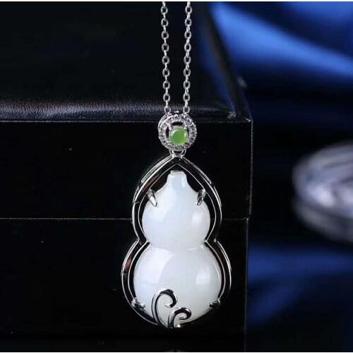Hetian Baiyu Silver Inlay Pendant White Jade Gourd Pendant h18