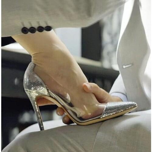 Moraima Snc Silver Glitter High Heel Shoes Woman Sexy Clear PVC Patchwork Stiletto Heels Pointed Toe Party Shoes Black 6/8/10cm