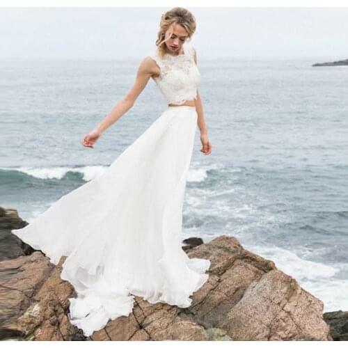 Beach Two Piece Wedding Dress Boho A Line Lace Top Chiffon Skirt Princess Bride Gown Vestido De Novia Robe Mariage Undefined