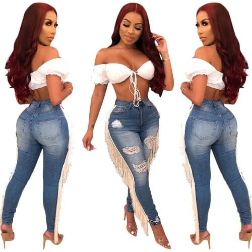 Plus Size S-3XL Skinny Hole Ripped Jeans Women Fashion High Waist Denim Pencil Pants Ladies Side Tassel Jeans Mujer Trousers