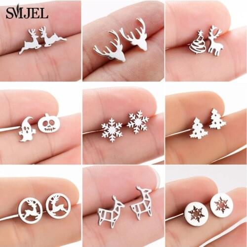 SMJEL Cartoon Animal Deer Stud Earrings Small Snowflake Earing for Girls Kid Stainless Steel Christmas Jewelry Women pendientes