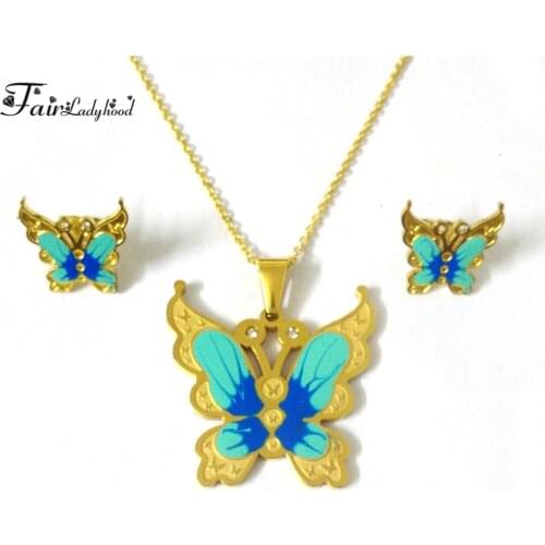 FairLadyHood Cute Butterfly Necklace & Earrings Stainless Steel Women Jewelry Set Gold Color Jewelry Accessories For Women