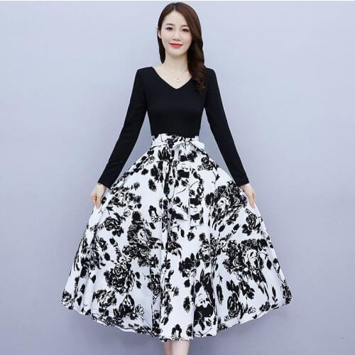 Floral A-Line Dress Female 2021 Early Autumn Simple Temperament Round Neck Slim Stitching Lace-Up Long Dress Elegant Robes M183