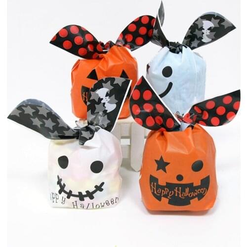 25pcs/lot Orange Rabbit Ear Bags Cookie Plastic Bags&Candy Gift Bags For Biscuits Snack Baking Package Halloween Party Supplies