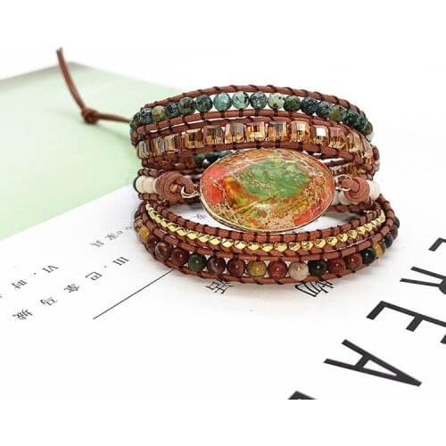 Agate Wrapped Bracelet Leather Wrap Bracelet Natural Stone Beaded 5X Layers Statement Bracelet Jewelry Gifts Drop Shipping