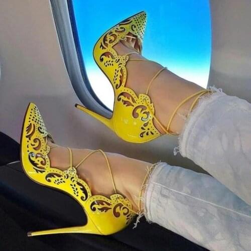 Yellow Blue Pink Hollow High Heels Lace-up Stiletto Heels Patent Leather Shallow Dress Shoes Pointed Toe Cut-out Strappy Pumps