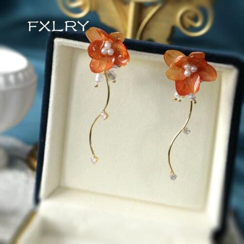 FXLRY Original Handmade Natural Pearl Vintage Preserved Flower Dried Flower Forest Earrings For Women Jewelry