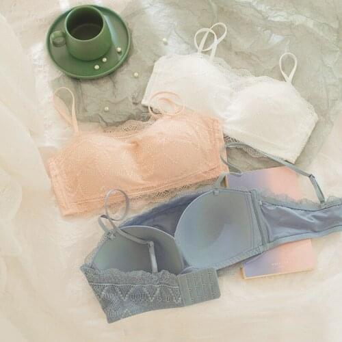 Wasteheart Women Fashion Blue Padded Bra Sets Wireless Lace Trim Cotton Panties Underwear Sexy Lingerie Set Underwear Japanese B