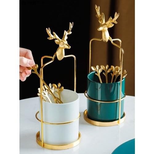 Creative Dark Green Golden Deer Ceramic Storage Tank Stainless Steel Fruit Spoon Knife Chopsticks Storage Container Kitchen Tool
