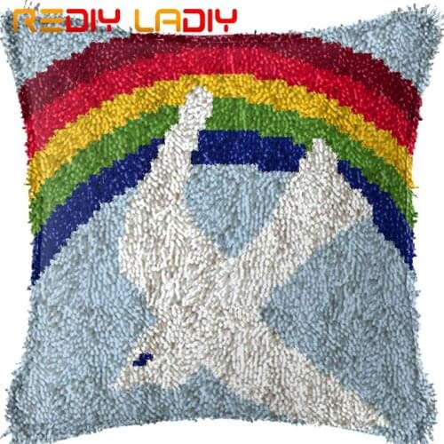 Latch Hook Cushion Rainbow & Pigeon Pillow Case Acrylic Yarn Pillow Pre-Printed Color Canvas Crochet Cushion Cover Arts & Crafts