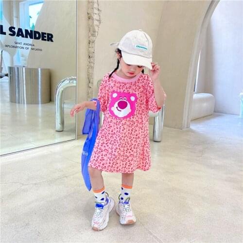 Summer girls pink leopard dot strawberry bear long T-shirt dress female baby short-sleeved cartoon dress