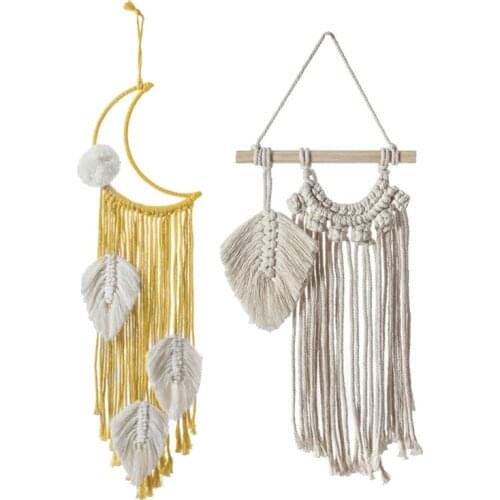 Dream Catcher Boho Moon Tapestry Macrame Wall Hanging Hand-Woven Leaves Tapestry Room Ornament Home Wedding Decor,2 Pcs