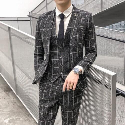 Mens Suits With Pants Wedding Dress Plaid Suits for Man Jackets+Pants 2 pieces High Quality Men Slim fit Suits Smart Casual
