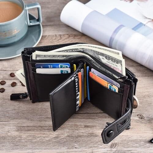 JINBAOLAI Buckle Retro Mens Wallet Multi-function Double Zipper Coin Purse PU Solid Color Short Mens Wallet