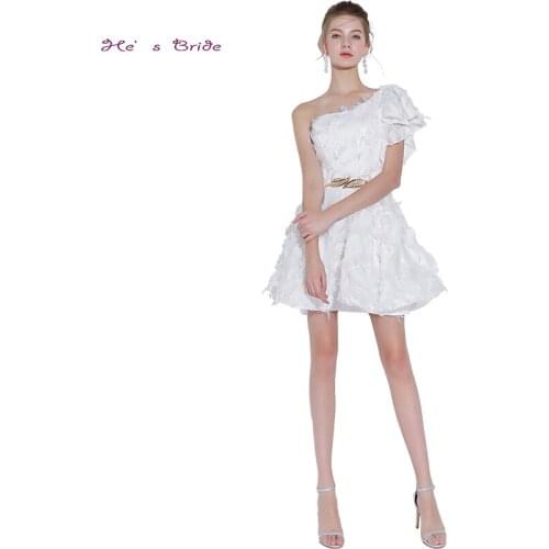 Hes Bride New White Elegant Cocktail Dress One Shoulder Short Sleeves A-line Fethers Simple Mini Party Formal Vestidos