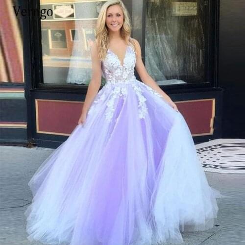Verngo Lavender Tulle A Line Prom Dresses Lace Applique V Neck Long Party Dress Pageant Dance Gown Lilac Graduation Dress