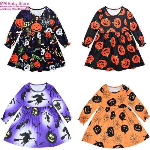 Halloween Fall winter Milk Silk Baby Girls Boutique Children Clothes Cartoon Pumpkin Print Long Sleeve Dress Knee Length Dress