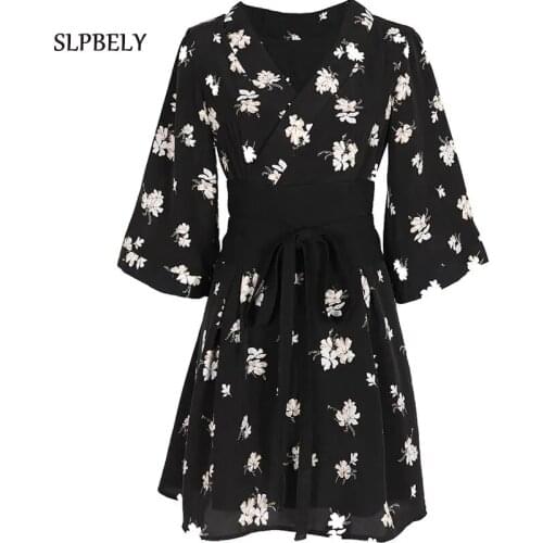 SLPBELY Retro Flower Printed Dress For Women Summer V Neck Half Sleeved Corset Dress Elegant High Waist Belt Dress Vestido 2021