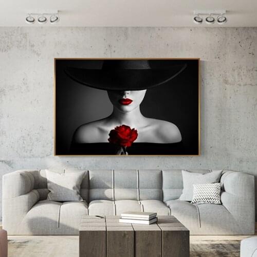 Sexy Red Lips Bleeding Rose Canvas Painting Black Posters Prints Beauty Bare Shoulder Woman Wall Art Living Room Tableau Salon
