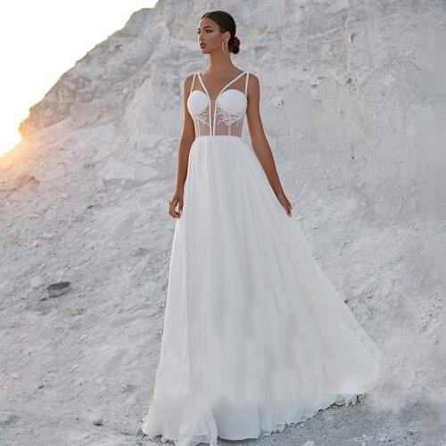 Transparent Tulle A Line Chiffon Wedding Dress 2021 Elegant Double V-Neck Appliques Lace Plus Size Bridal Gown Plus Size
