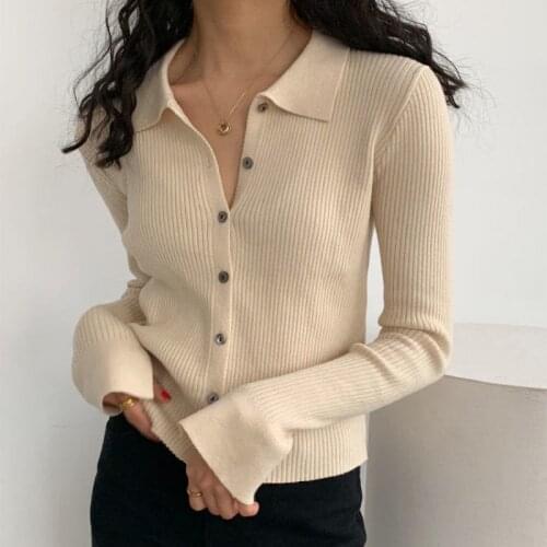 Vintage Sweaters Women Pull Hiver Lapel Knitwear Solid Slim All-Match Long Sleeve Buttons Short Cardigan Top Autumn Spring