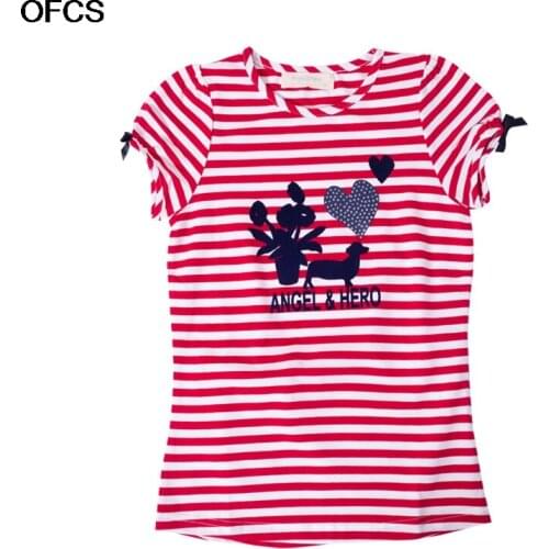 Girl Striped Print Short Sleeve Basic Tops Cartoon Cotton T Shirt For Kids Summer 2-10Y ChildrenS T-shirt Birthday Clothing