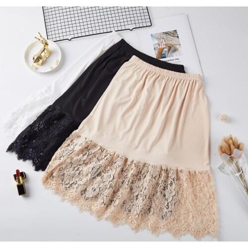 Autumn Winter Women Lace Slip Hollow Length A-Line Perspective Skirts Ladies Basic Thin Skirt Petticoat Underskirt