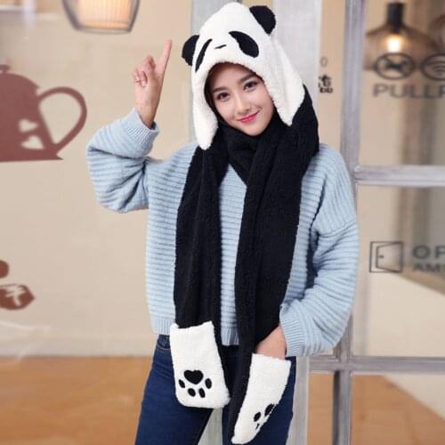 2021 Cute Panda Cartoon Women Cap Suit Thick Hat Ear Protectors Female Hats Warmer Plush Hat Scarf Gloves Set Dropshipping