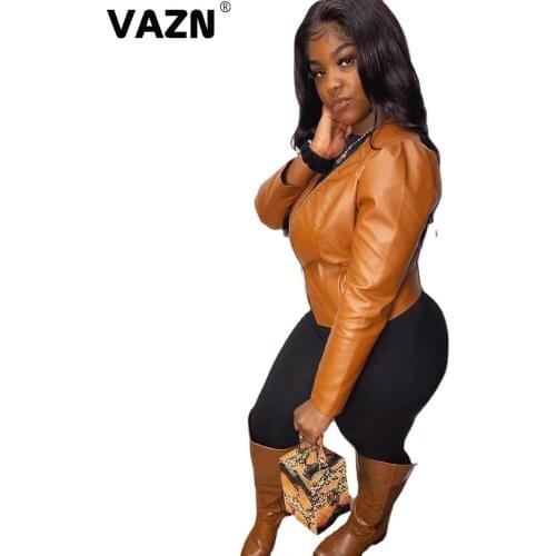 VAZN 2020 Hot Popular Leather Outwears Sexy Young Solid High-end Sweet Full Sleeve Joker High Waist Women Short Outwears