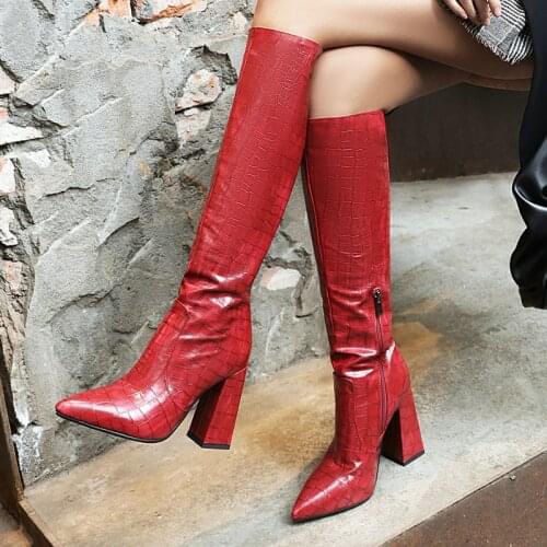 2021 Pleated Knee High Boots Faux Leather Women Boots Fashion Pointed Toe Square High Hee lLong Boots Shoes Big Siz 34-43