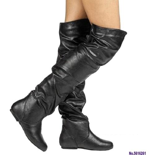 Women thigh high boots autumn pu leather retro flat shoes sexy black long boots ladies over the knee boots big size botas mujer