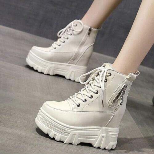 Cross Straps Thick-Soled Womens Winter Height-Increasing Shoes Platform Soles High-Top Side Zipper PU Leather Ankle Boots