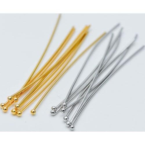 100pcs Gold/ Silver Ball Point Headpins 40mm, Gold/ Rhodium plated Brass Ball Head Pins, 0.7mm/ 21 Gauge (GB-024)