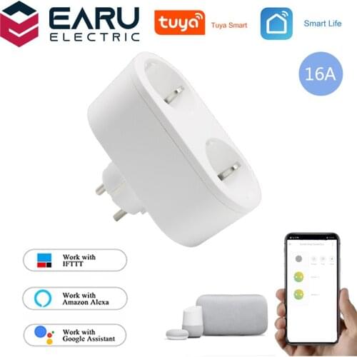 2 In 1 TUYA 16A EU Smart Wifi Power Plug Energy Monitor Timer Smart House Wifi Wireless Dual Socket Outlet Alexa Google Home