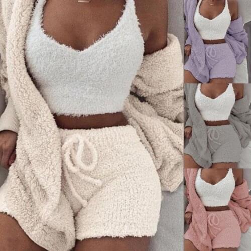 3 Pcs/set Winter Women Home Wear Suit Casual Pajamas Long Sleeve Exposed Navel V