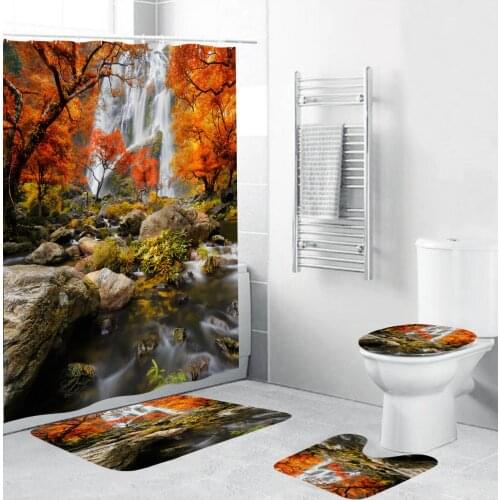 4 Pieces Home Decor Bathroom Shower Curtain 3D Autumn Forest Waterfall Landscape Toilet Pad Cover Bath Mat Shower Curtain Set