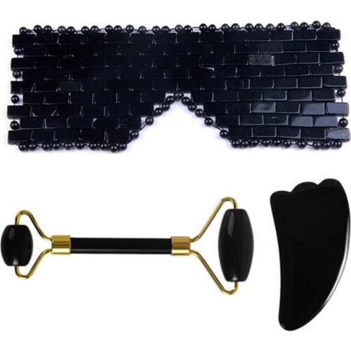 Black Obsidian Jade Eye Mask Massage Roller Guasha Scraper Set Natural Stone Cold Therapy Sleep Eye Mask Face Roller Massager