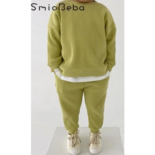 Ins Korean Baby Boys Waffle 2pcs Sets Childrens Comfortable Casual Knitting Girls Top Shirts+Pants Loose Sports Two Piece Suit