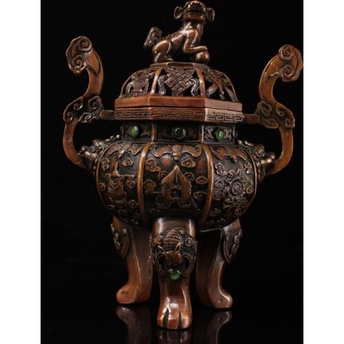 9"Chinese temple collection Old Bronze mosaic Gem trunk Three-legged incense burner Lion statue Incense Town House Exorcism