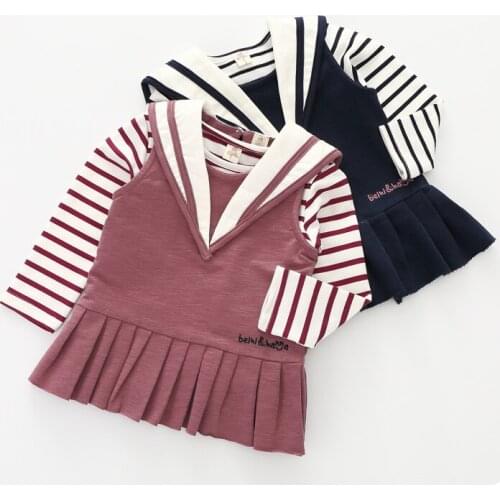 Korean Childrens Garment Autumn 2 Pieces Set New Pattern Baby Stripe Unlined Upper Garment Jacket The Sea Army Dress
