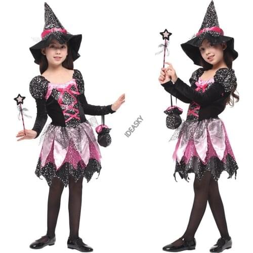 Kids Girls Halloween Witch Costume Sparkly Silver Stars Printed Carnival Cosplay Dress with Pointed Hat Wand Dress Up Clothes